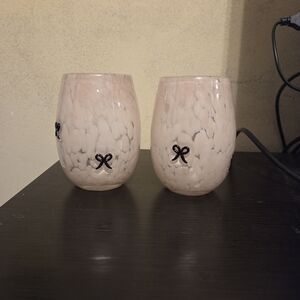 Set Of 2 Elegant Pink And Cream Glass Wine Tumblers with Black Bow Accents